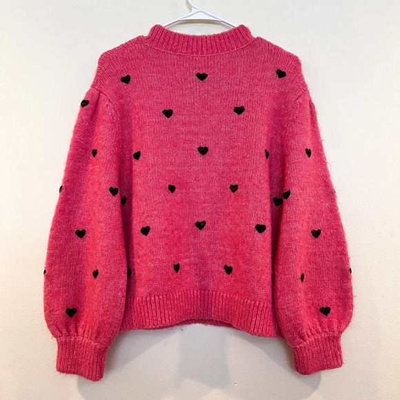 Rixo Ariana Pink Heart Print Balloon Sleeve Knit Pullover Designer Sweater Small - Picture 7 of 7